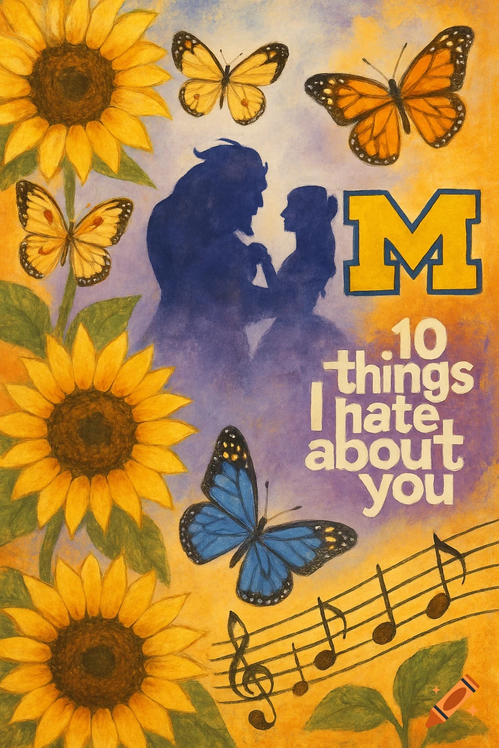 A vibrant, painterly design featuring sunflowers, colorful butterflies, and silhouettes of Beauty and the Beast. It includes the University of Michigan 'M' logo, musical notes, and the text '10 things I hate about you.'