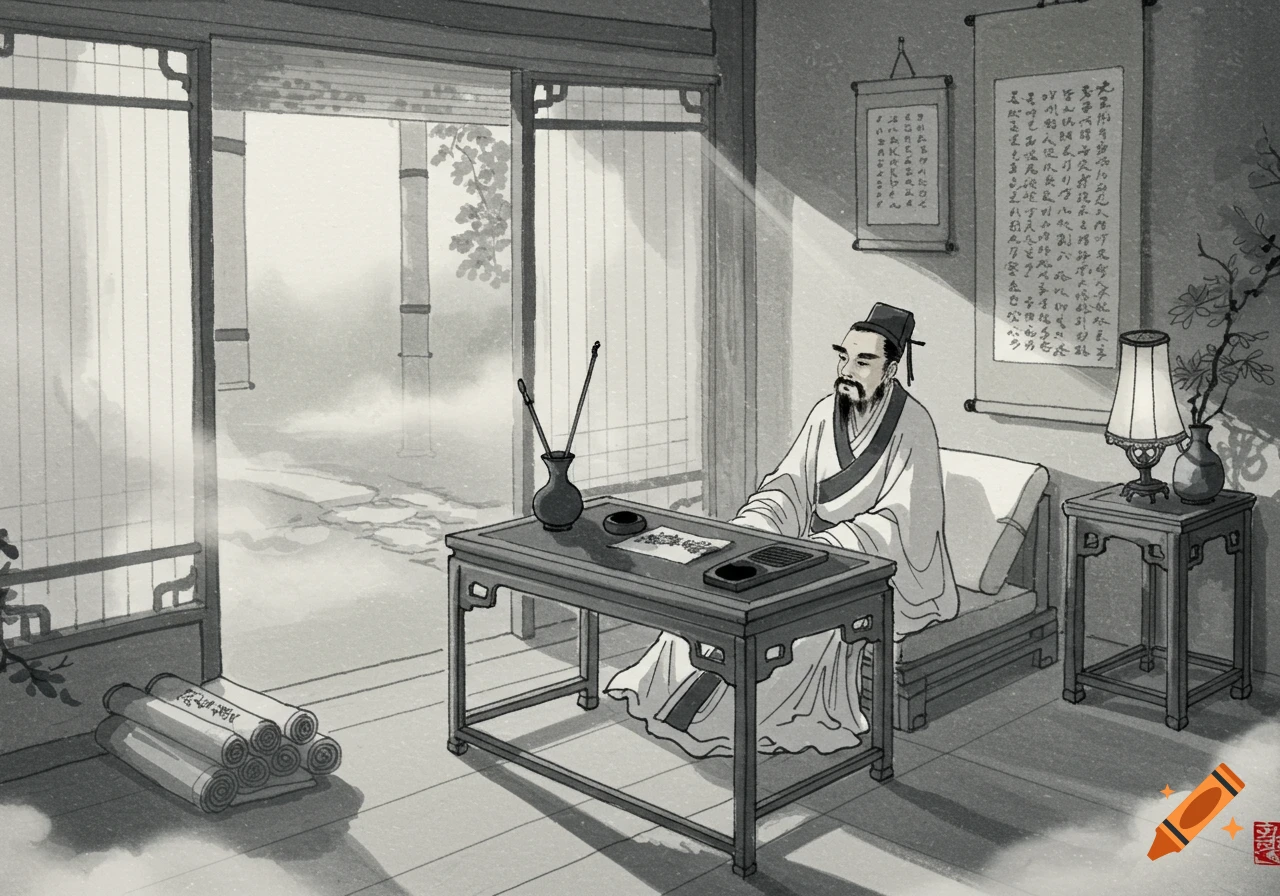 A traditional Chinese ink painting depicts a bearded scholar in a serene study, seated at a desk with brushes and ink, with scrolls hanging and piled nearby.
