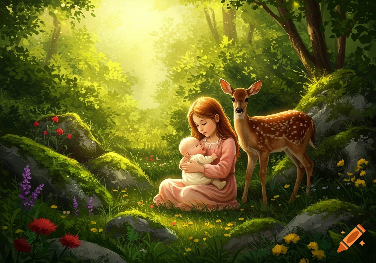 A young girl holds a baby in a sunlit forest, with a fawn standing nearby.
