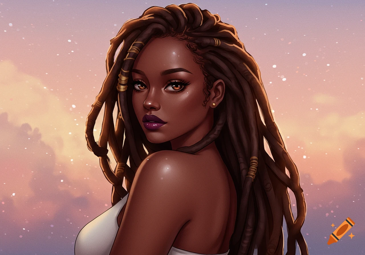 An anime portrait of a dark-skinned woman with long dreadlocks, plum lips, and brown eyes, looking over her shoulder against a pink and purple sunset sky.