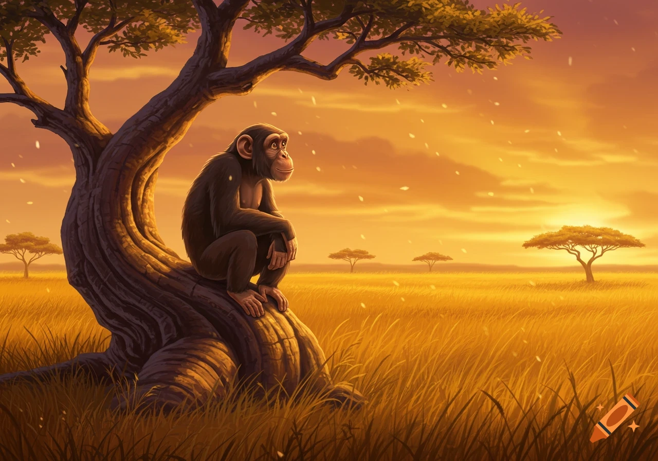 An animated chimpanzee sits on a tree trunk in a golden savanna at sunset, with other trees in the distance.