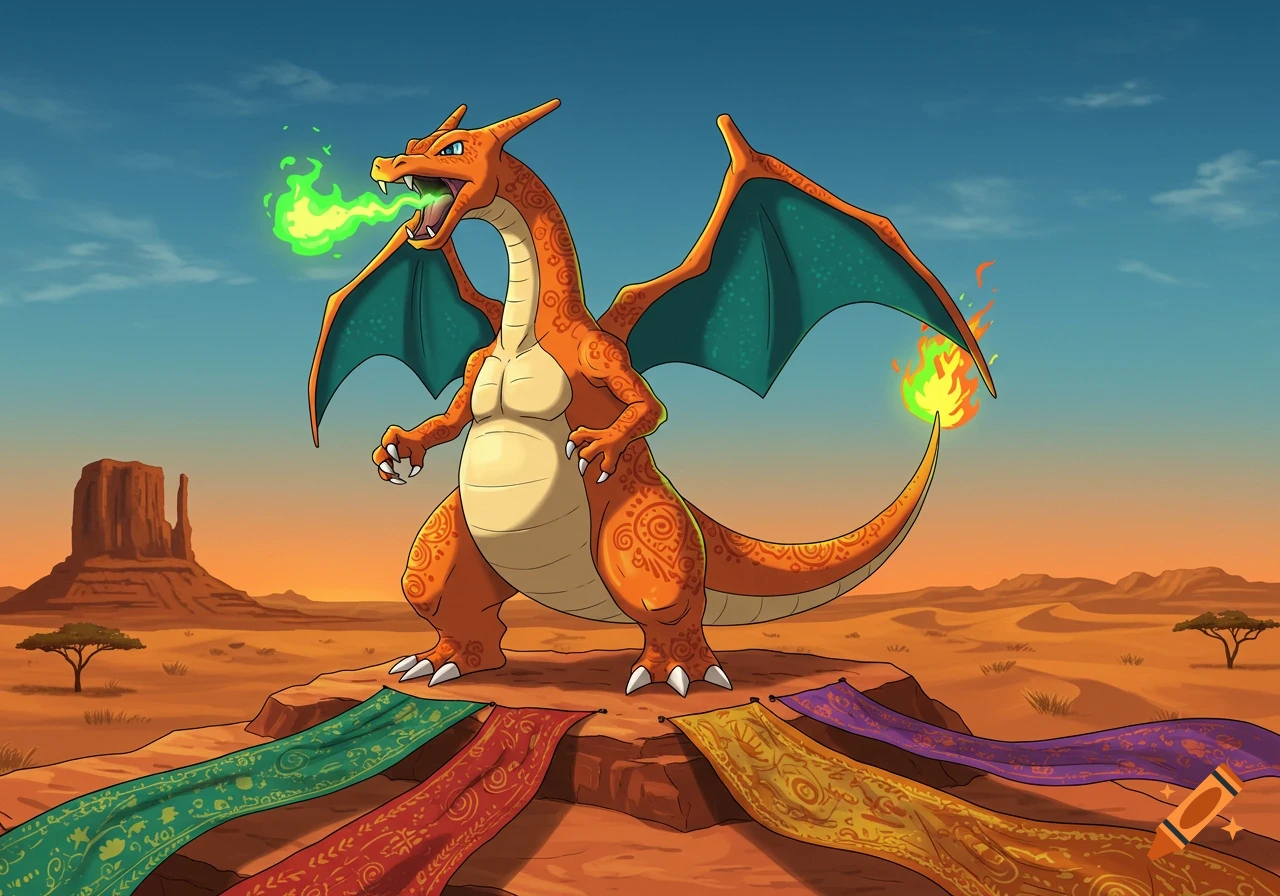 An illustration of Charizard breathing green fire, standing on rocks with colorful patterned rugs in a desert landscape under a sunset sky.