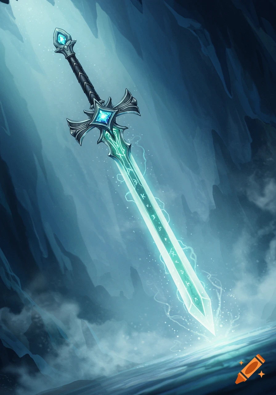 A glowing blue and green fantasy sword with runes on its blade, standing point-down in water within a dark cave.