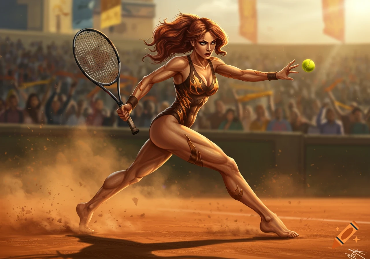 A muscular woman in a stylized outfit lunges on a clay tennis court, holding a racket and reaching for a tennis ball, with spectators in the background.