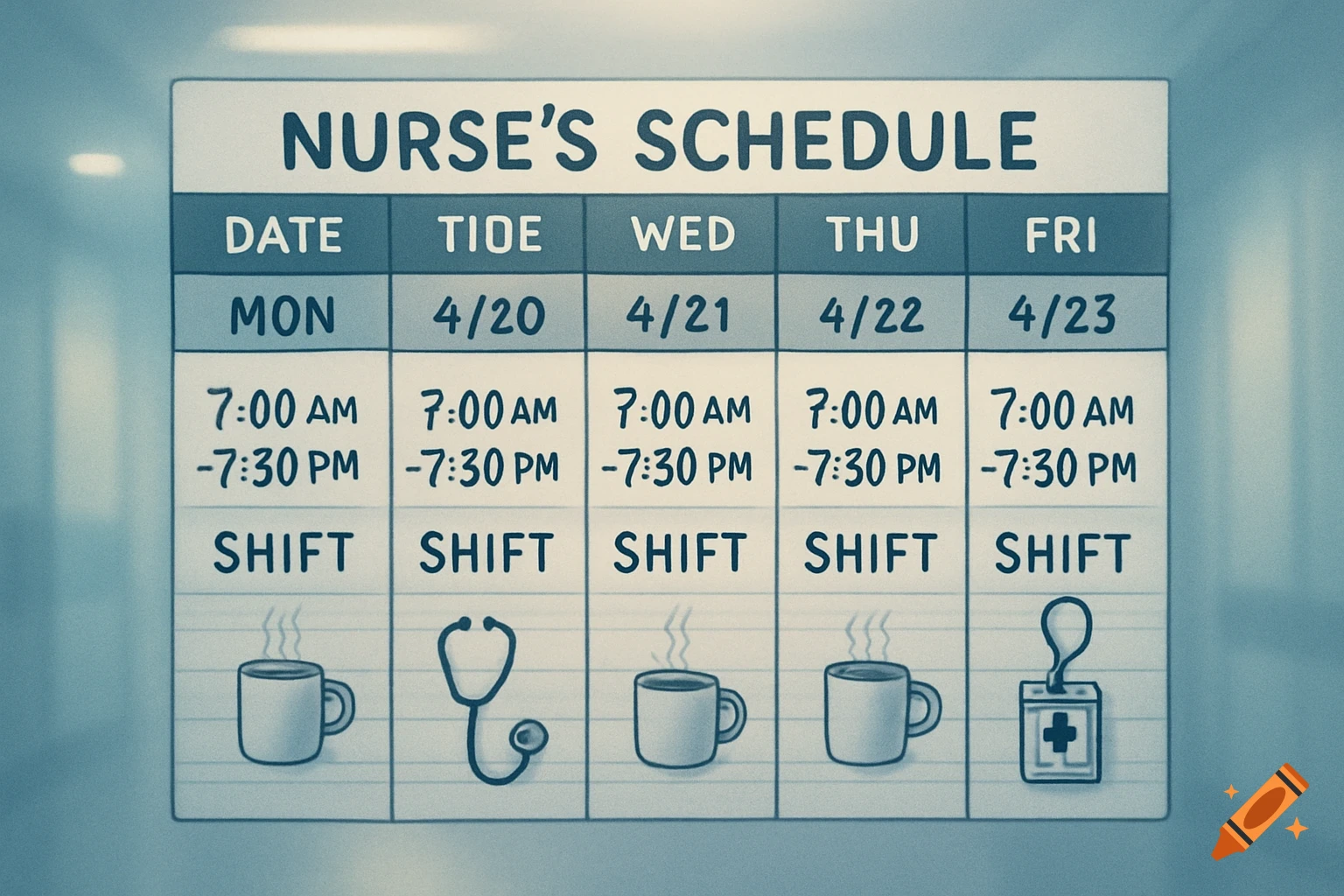 A stylized illustration of a nurse's schedule board displaying shift times and dates for a work week, with small icons.