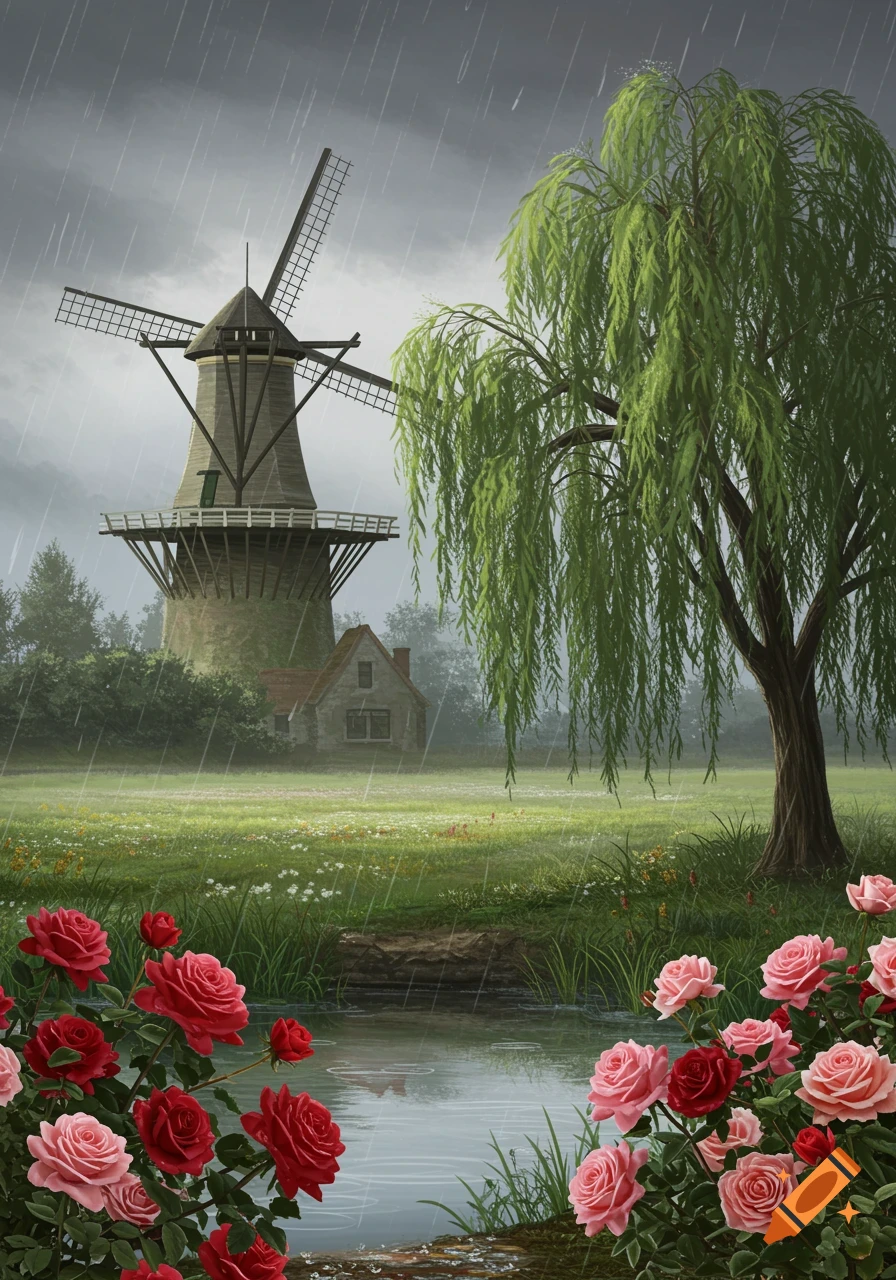 A landscape painting of a windmill and small house under a rainy sky, with a willow tree, roses, and a stream.