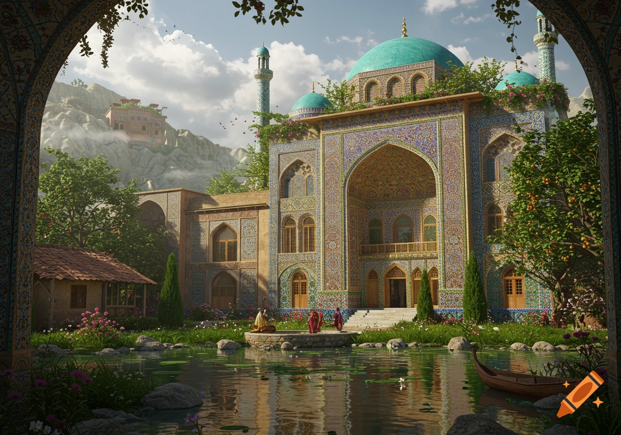 A detailed photorealistic view of an ornate Persian villa with a turquoise dome, surrounded by lush gardens and a pond, with distant mountains.