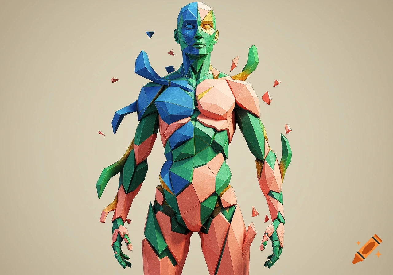 A stylized human figure composed of blue, green, and pink geometric shapes on a light background.