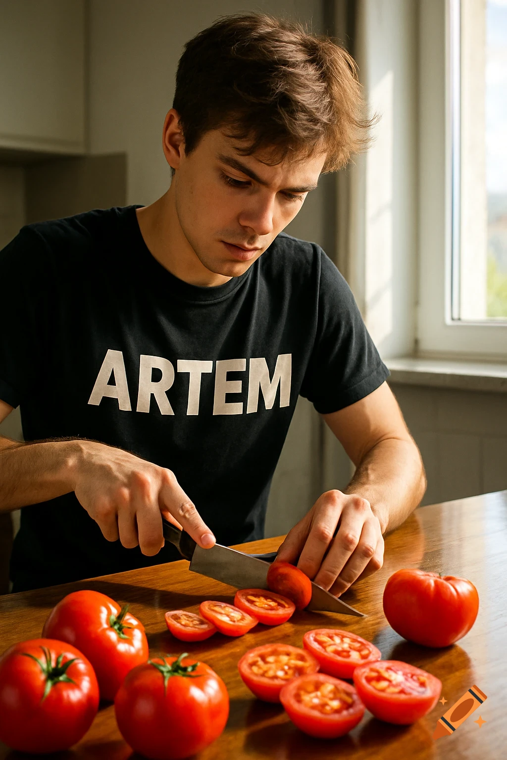 A young man in a black t-shirt with 'ARTEM' written on it, intently cutting red tomatoes on a wooden kitchen table. Photorealistic.