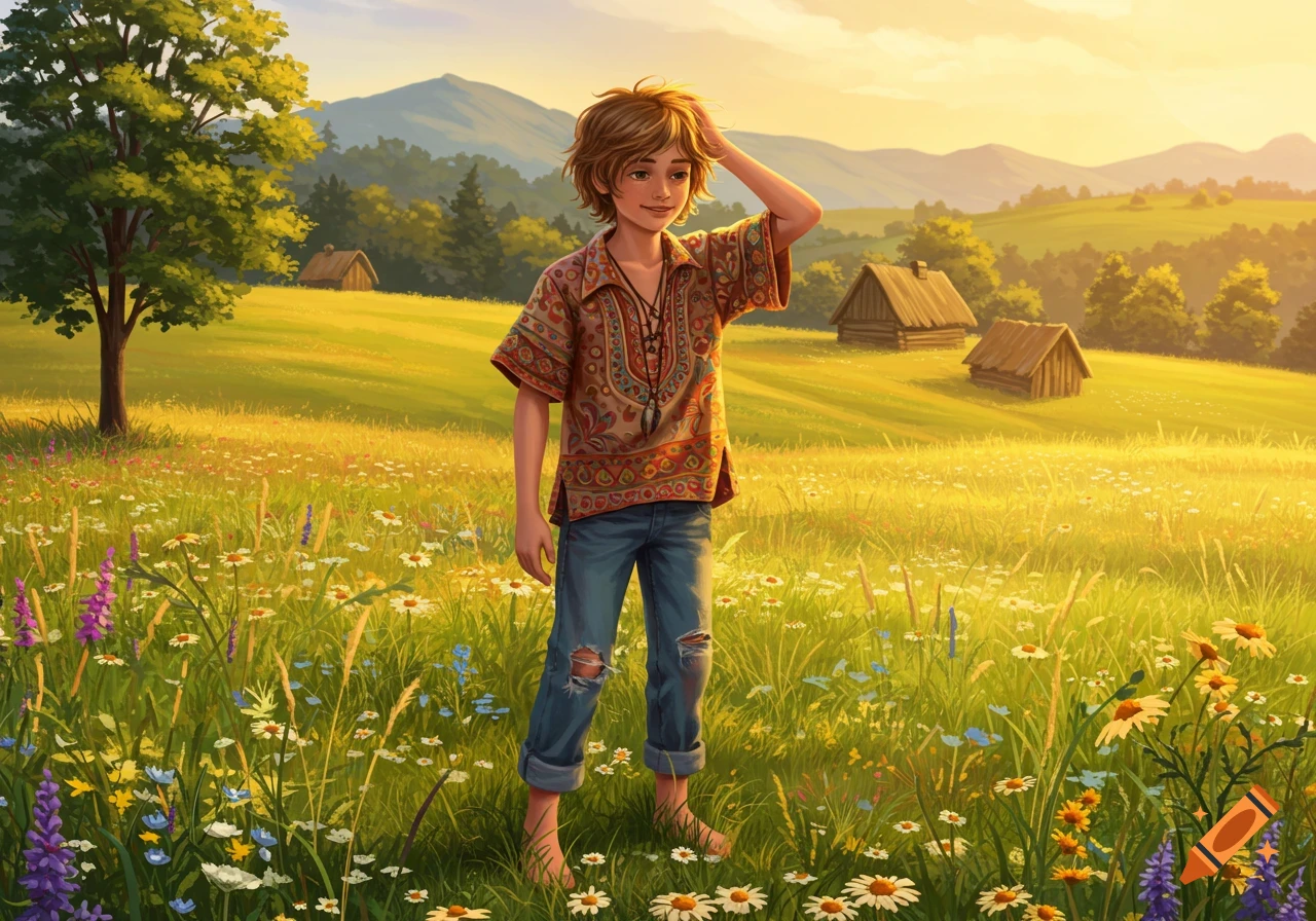 An illustrated boy with messy hair stands barefoot in a vibrant, sunlit meadow with wildflowers, mountains and cabins.