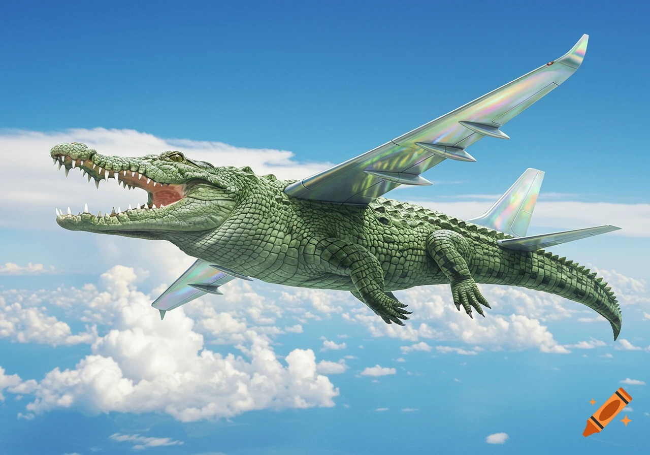 A large green crocodile with airplane wings and a tail fin flies through a blue sky with white clouds.