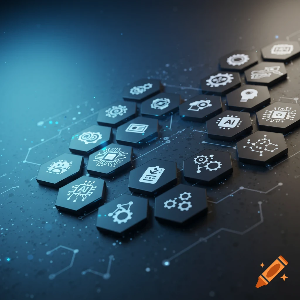 An array of black hexagonal tiles with white technological and AI icons, like circuit boards and gears, on a dark blue digital background with glowing lines.