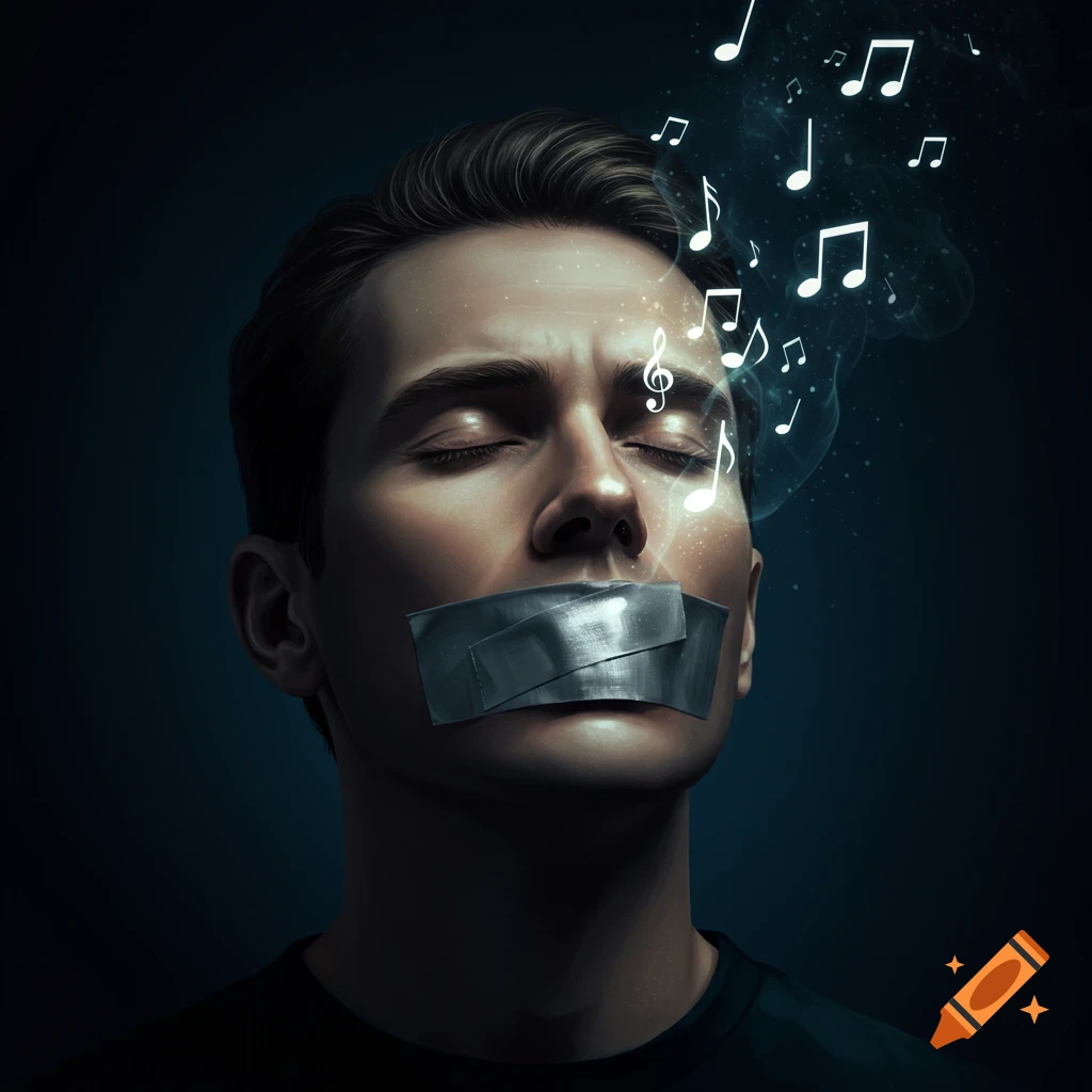A man with closed eyes and duct tape on his mouth, with glowing musical notes rising above.