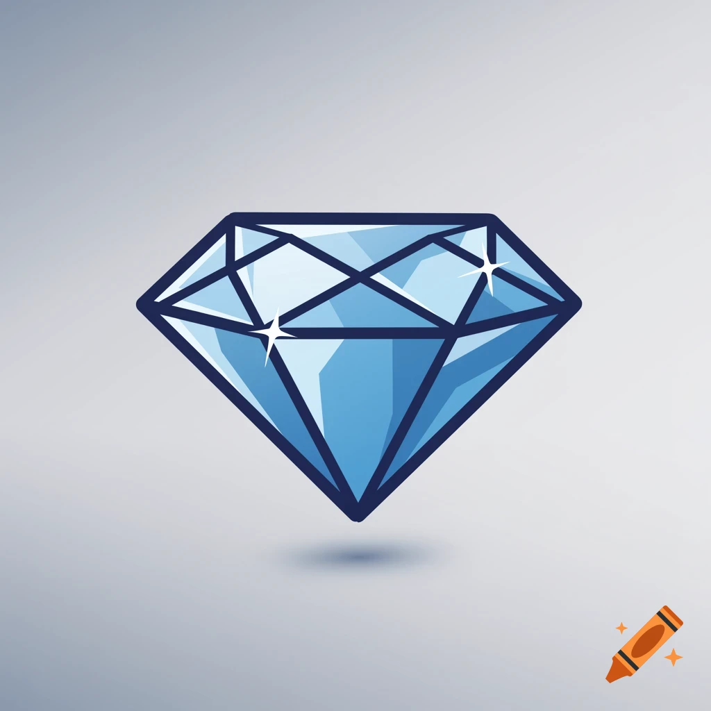 A 2D illustration of a faceted blue diamond with a thick outline and white sparkle accents on a gray background.