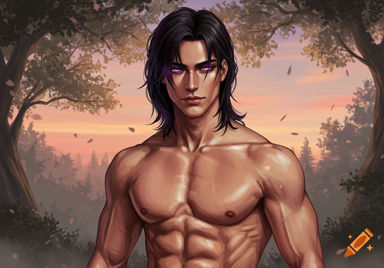 Digital painting of a shirtless muscular man with black hair and purple eyes standing in a forest at sunset.