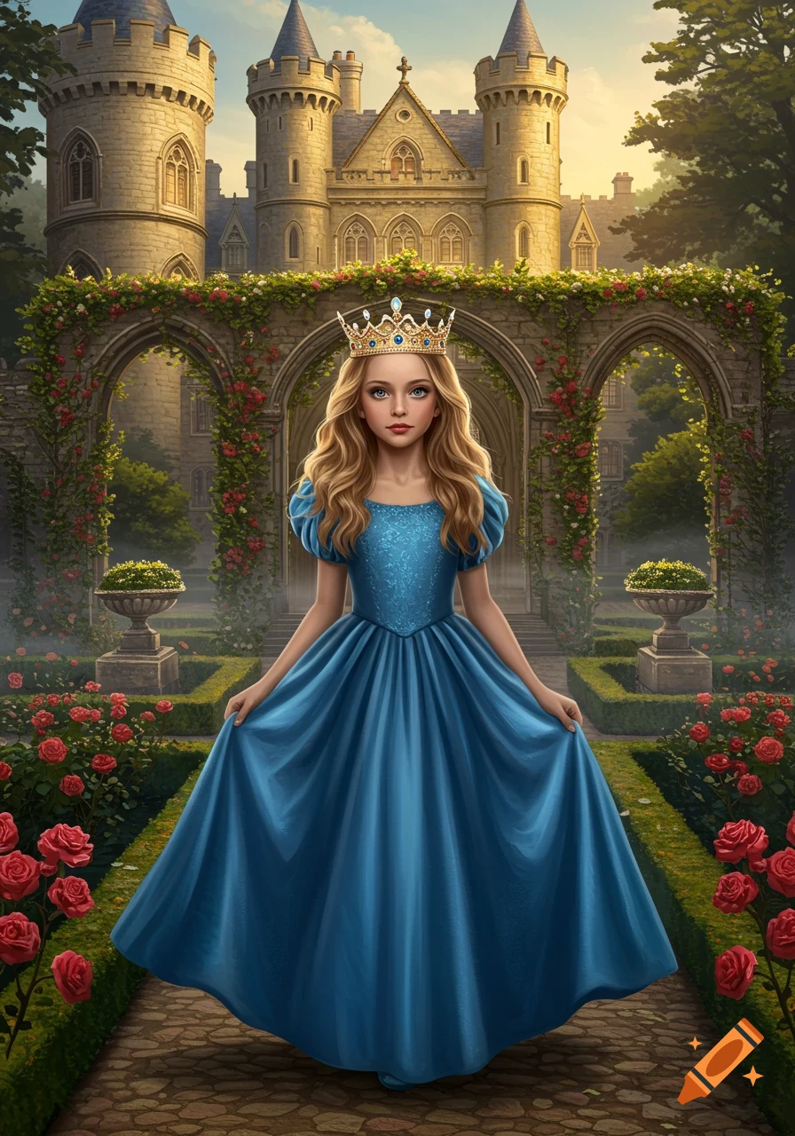A young girl in a blue princess gown and golden crown stands in a rose garden in front of a large castle.