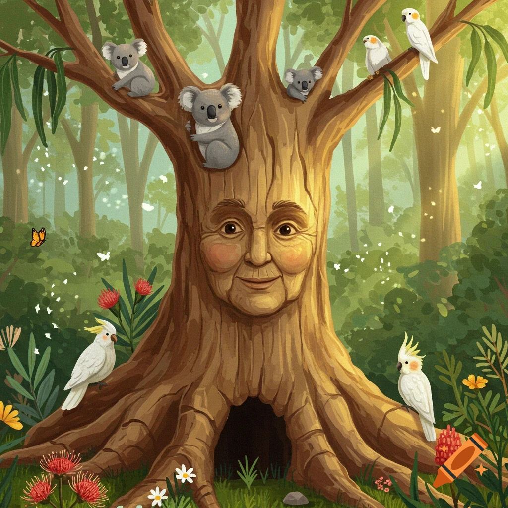 An anthropomorphic tree with a grandma's face, koalas, and cockatoos in a lush Australian forest, in an illustration style.