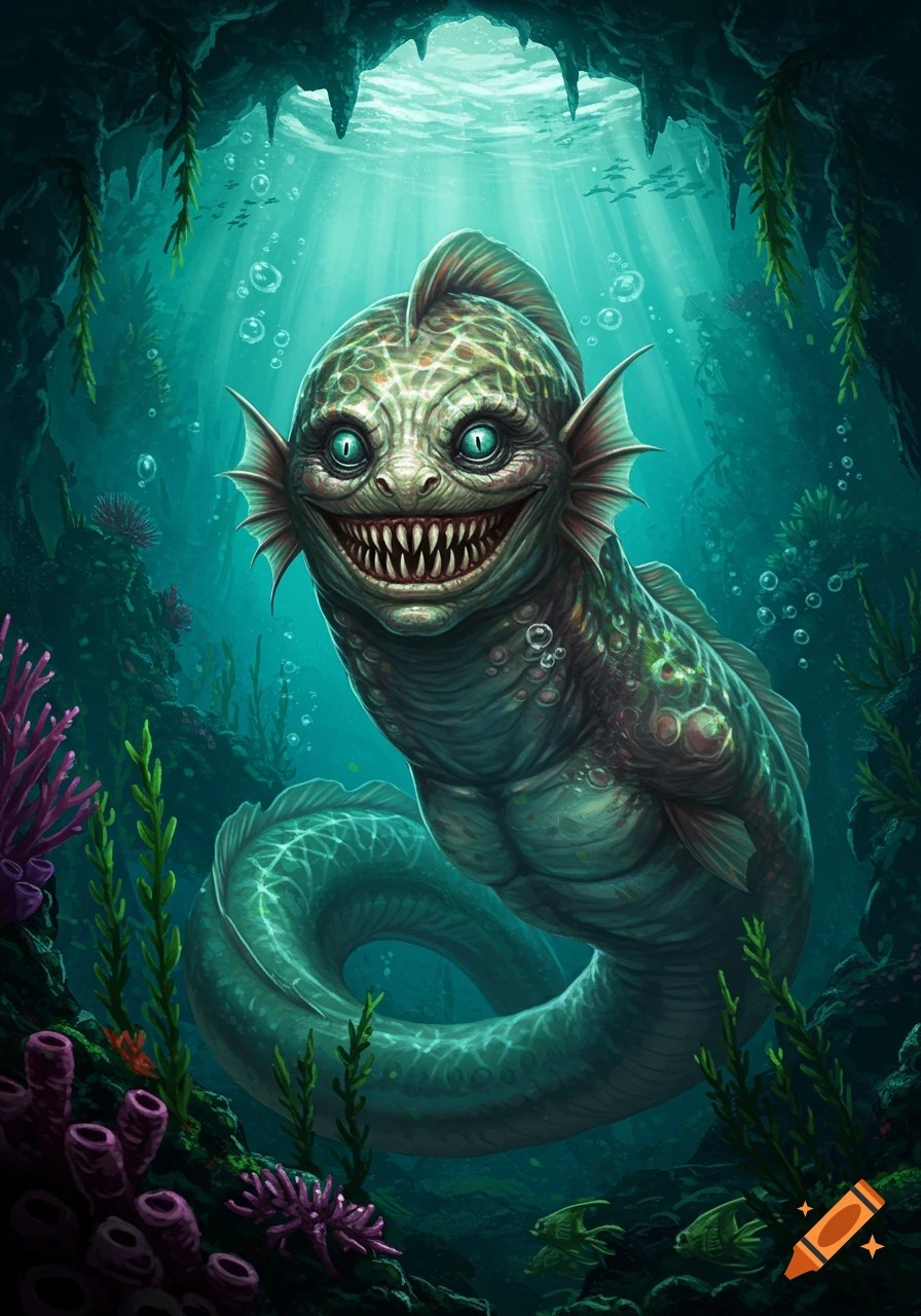 A creepy eel-like creature with sharp teeth and glowing blue eyes swims in a dark underwater cave filled with vibrant marine plants.