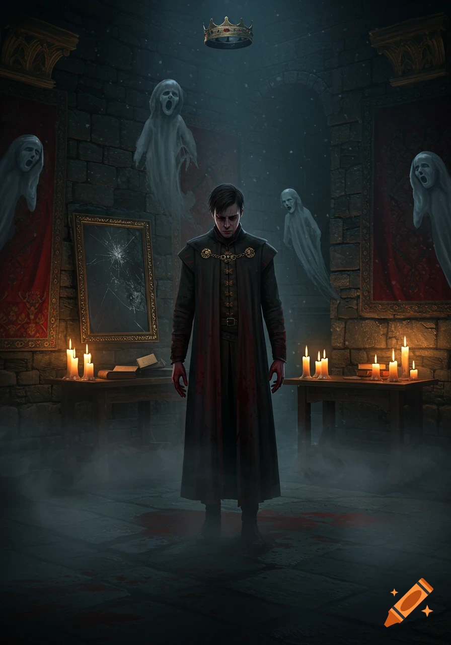 A pale man with bloody hands and a dark robe stands in a misty stone room with floating ghosts, a broken mirror, and a crown above him.