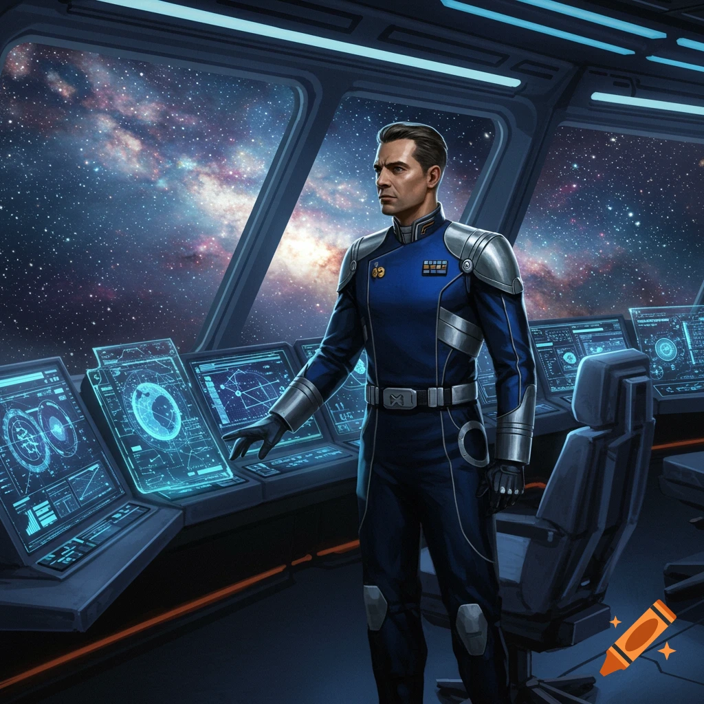 A man in a futuristic blue and silver uniform stands in a spaceship cockpit, looking out at a starry galaxy through the large windows.