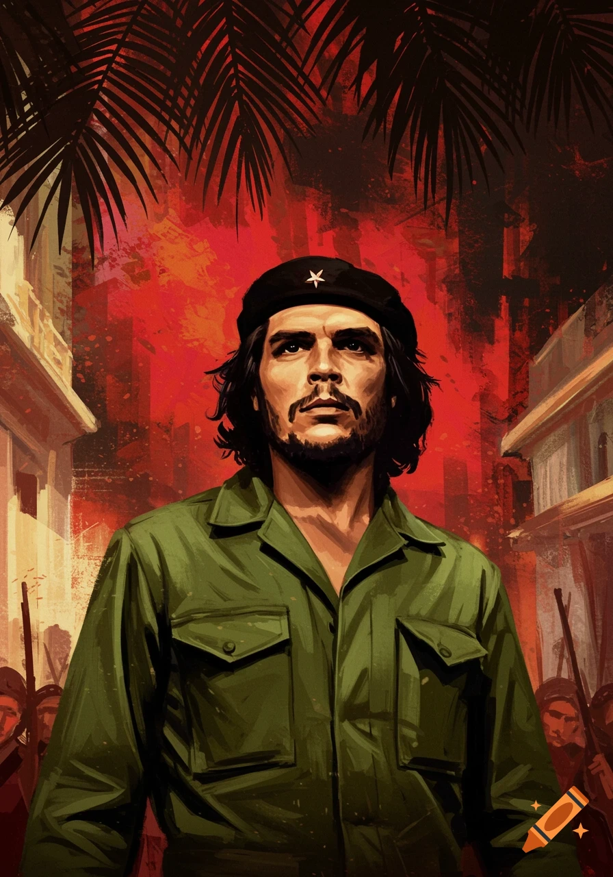 Stylized portrait of Che Guevara in a green uniform and beret, against a dramatic red background with palm leaves and faint figures.