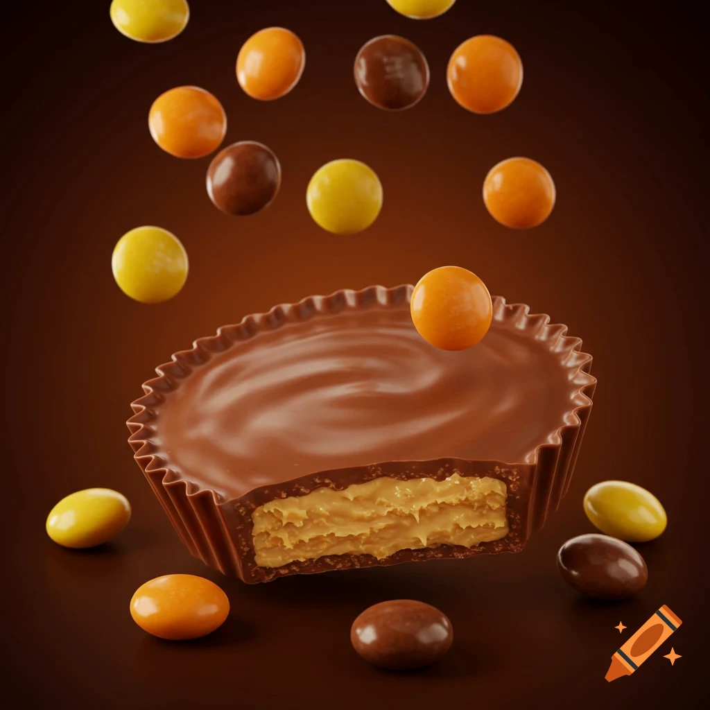 A photorealistic cut peanut butter cup with peanut butter filling and falling orange, yellow, and brown candies on a brown background.
