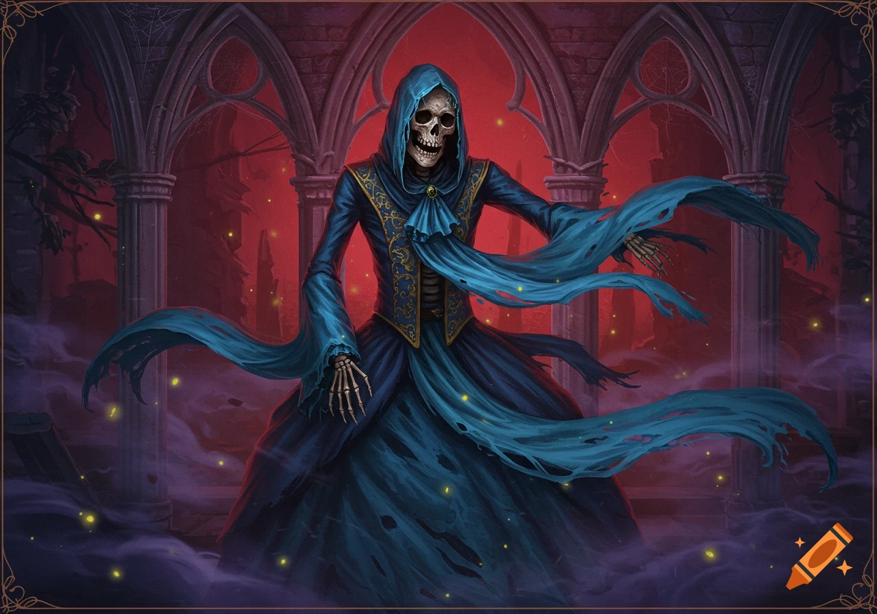 A skeletal figure in a blue hooded robe with flowing ethereal fabric stands in a ruined gothic archway against a red sky with floating lights.