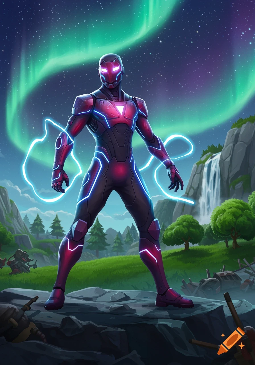 A Fortnite-style superhero in a dark suit with glowing blue and red accents stands on rocks under a starry night sky with aurora borealis.