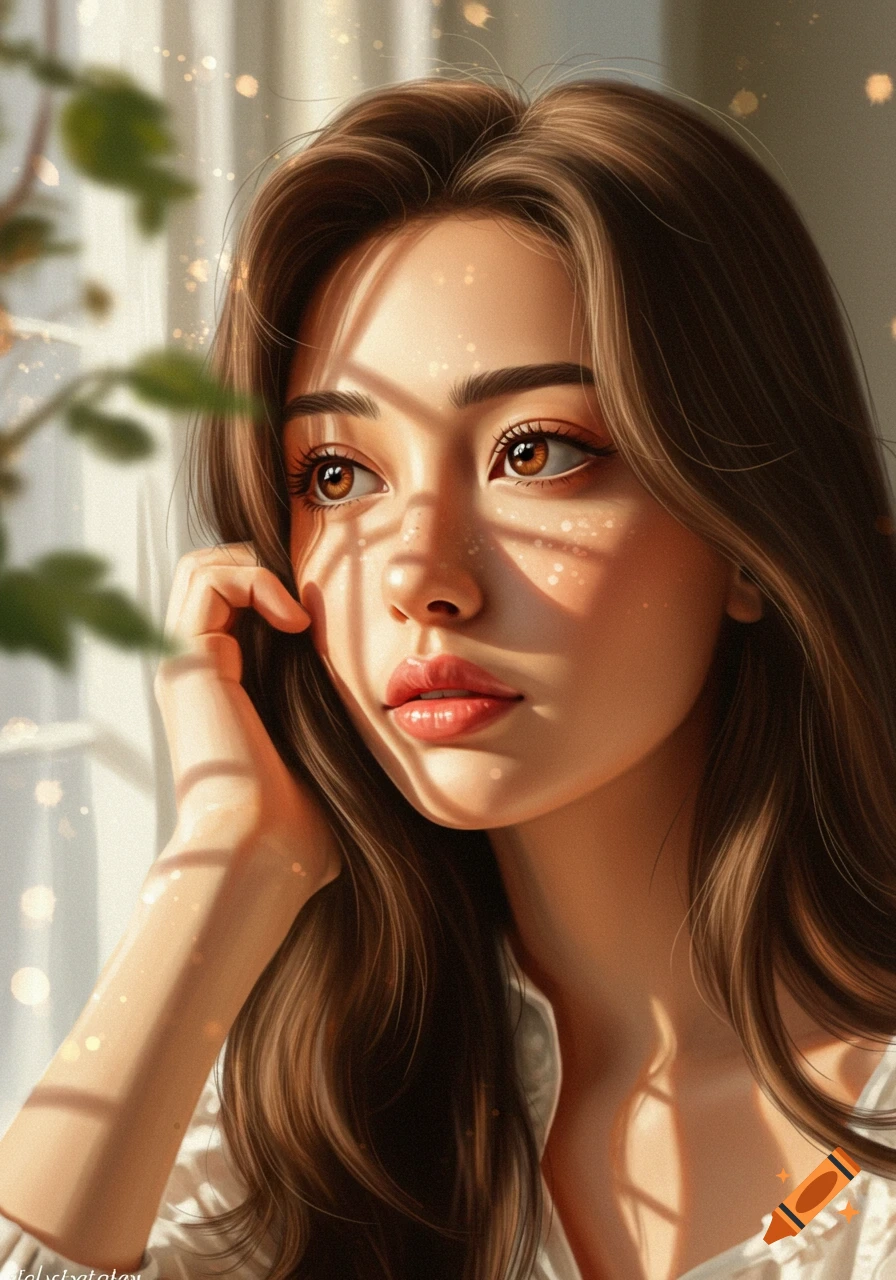 Digital painting of a thoughtful young woman with brown hair, in sunlight shadows and bokeh, looking up and right.