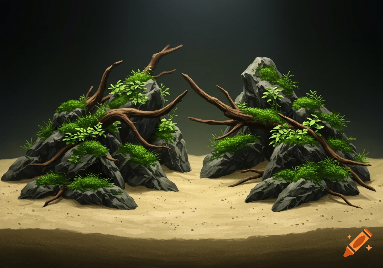 An aquascape setup with dark rocks, green plants, and brown driftwood on a sandy substrate.