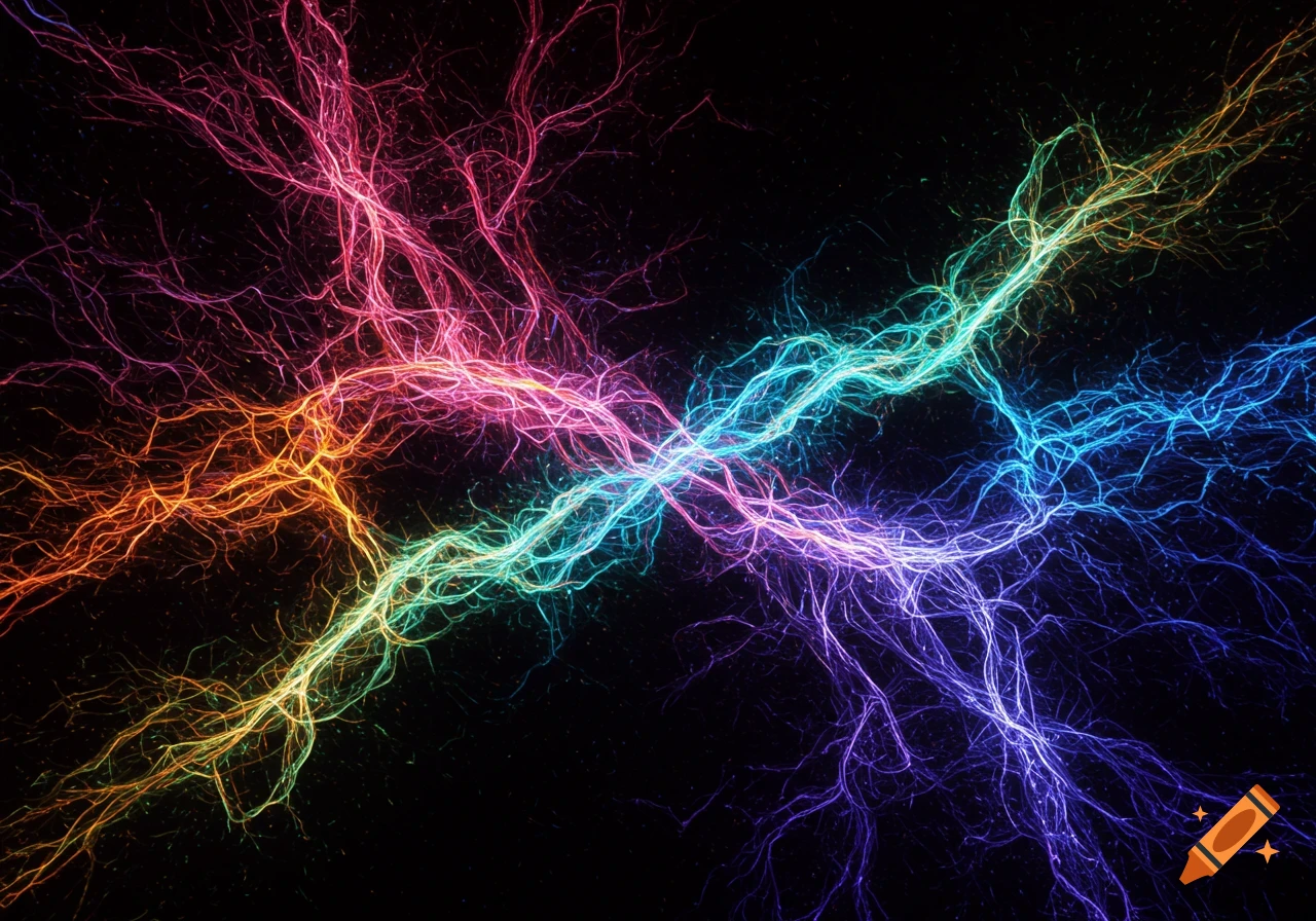A vibrant abstract image showing a central multicolored energy bolt with branching tendrils across a dark background.