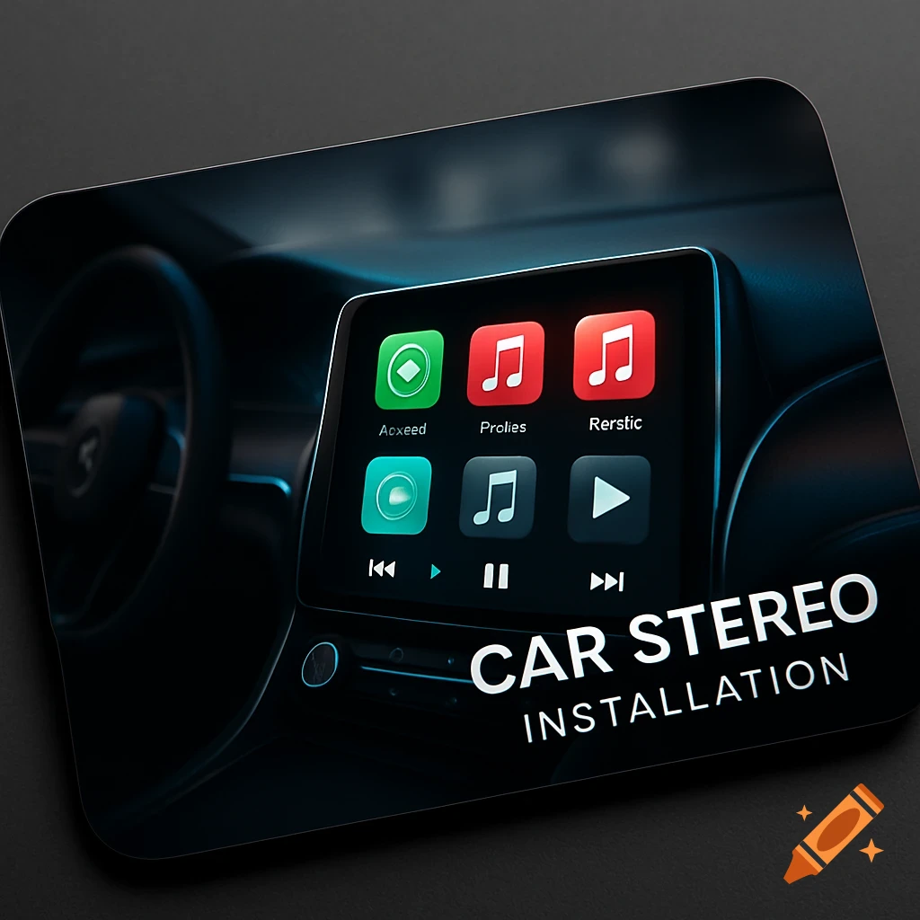 A photorealistic business card design for car stereo installation, showing a modern in-car touch screen display with app icons and text.