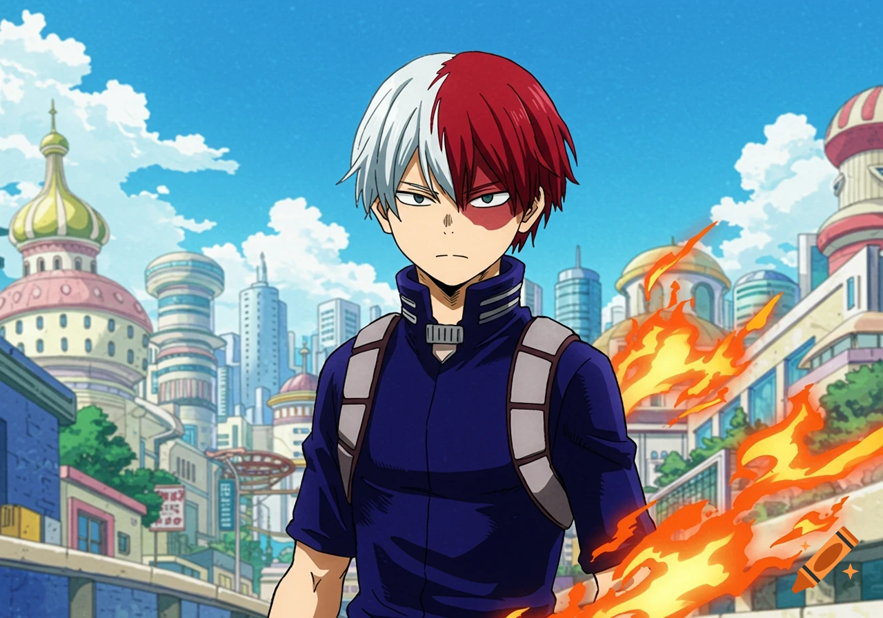 Shoto Todoroki with red and white hair and flames on his arm, standing in a city, anime style.