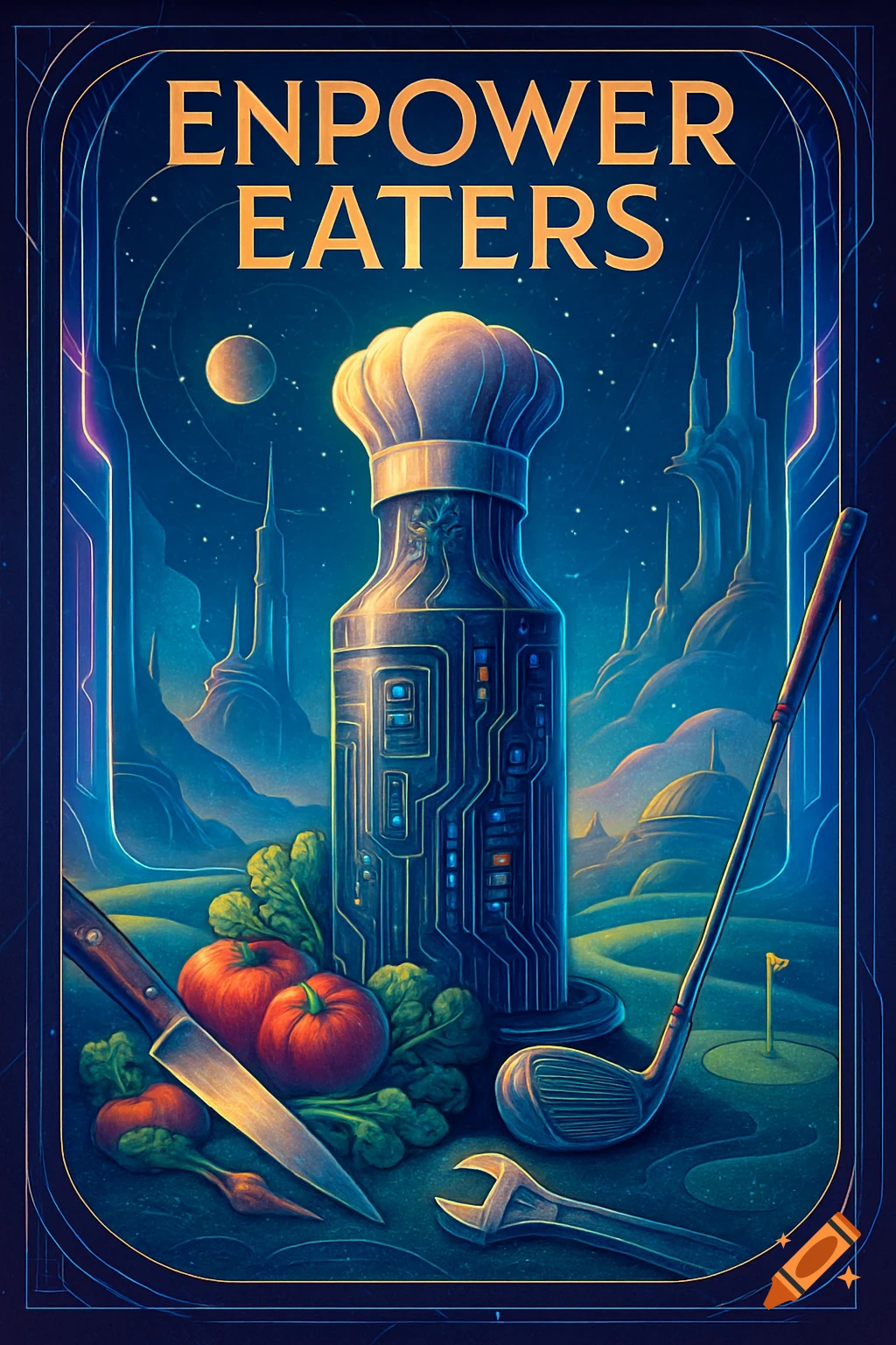A futuristic poster with a large chef hat on a circuit bottle, food, golf club, and text 'ENPOWER EATERS' against a space landscape.