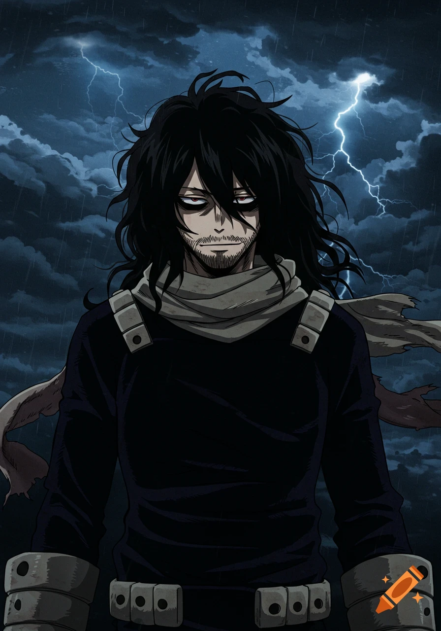 An anime illustration of Aizawa, a dark-haired man with a beard and gray scarf, standing against a stormy sky with lightning.