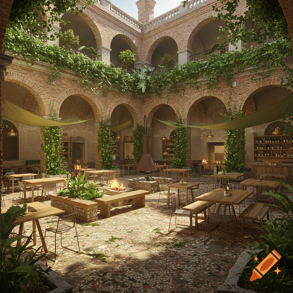 Photorealistic rendering of a biophilic dining hall in a heritage building courtyard with tables, chairs, fire pits, and lush greenery.