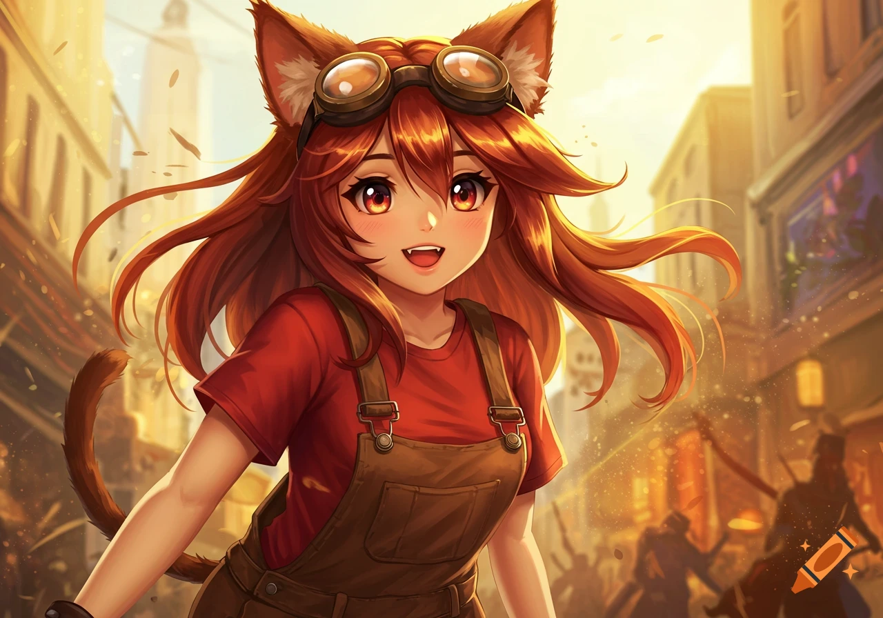 A smiling anime girl with red hair, cat ears, and goggles wears a red t-shirt and brown overalls in a sunny urban setting.