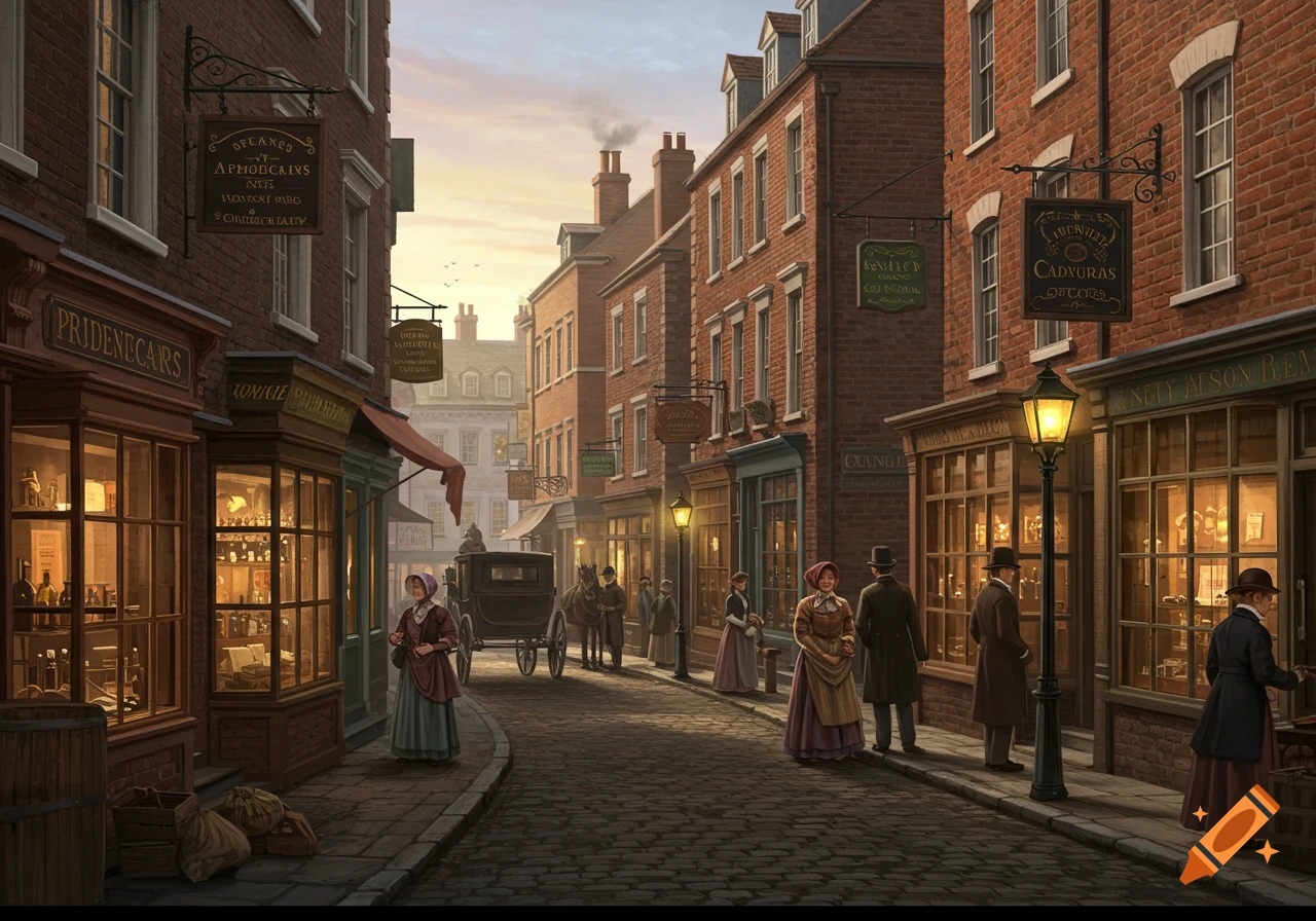 A bustling 1800s cobblestone street lined with brick shop buildings and pedestrians, under a warm evening sky.