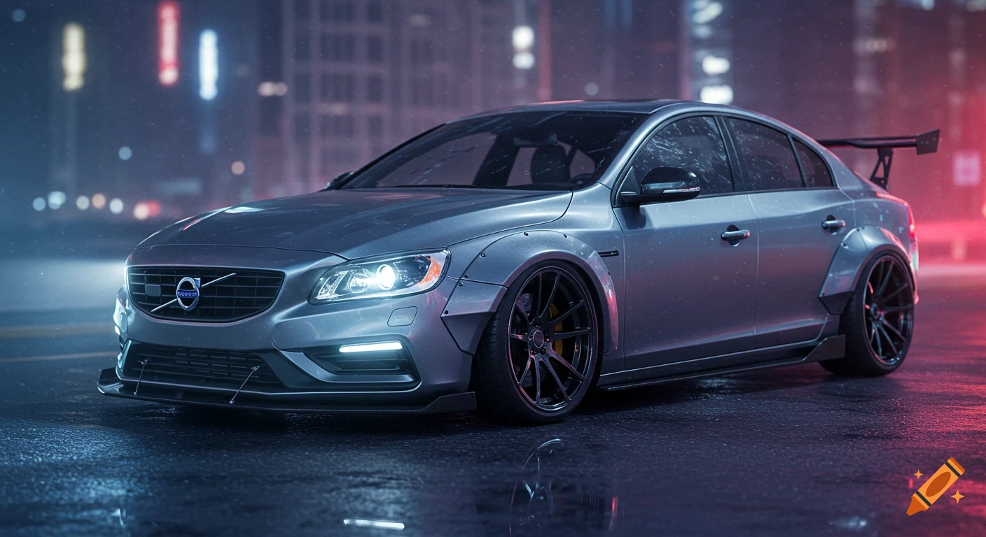 A customized silver Volvo S60 with a wide body kit and large spoiler on a wet city street at night, with blurred neon lights in the background.