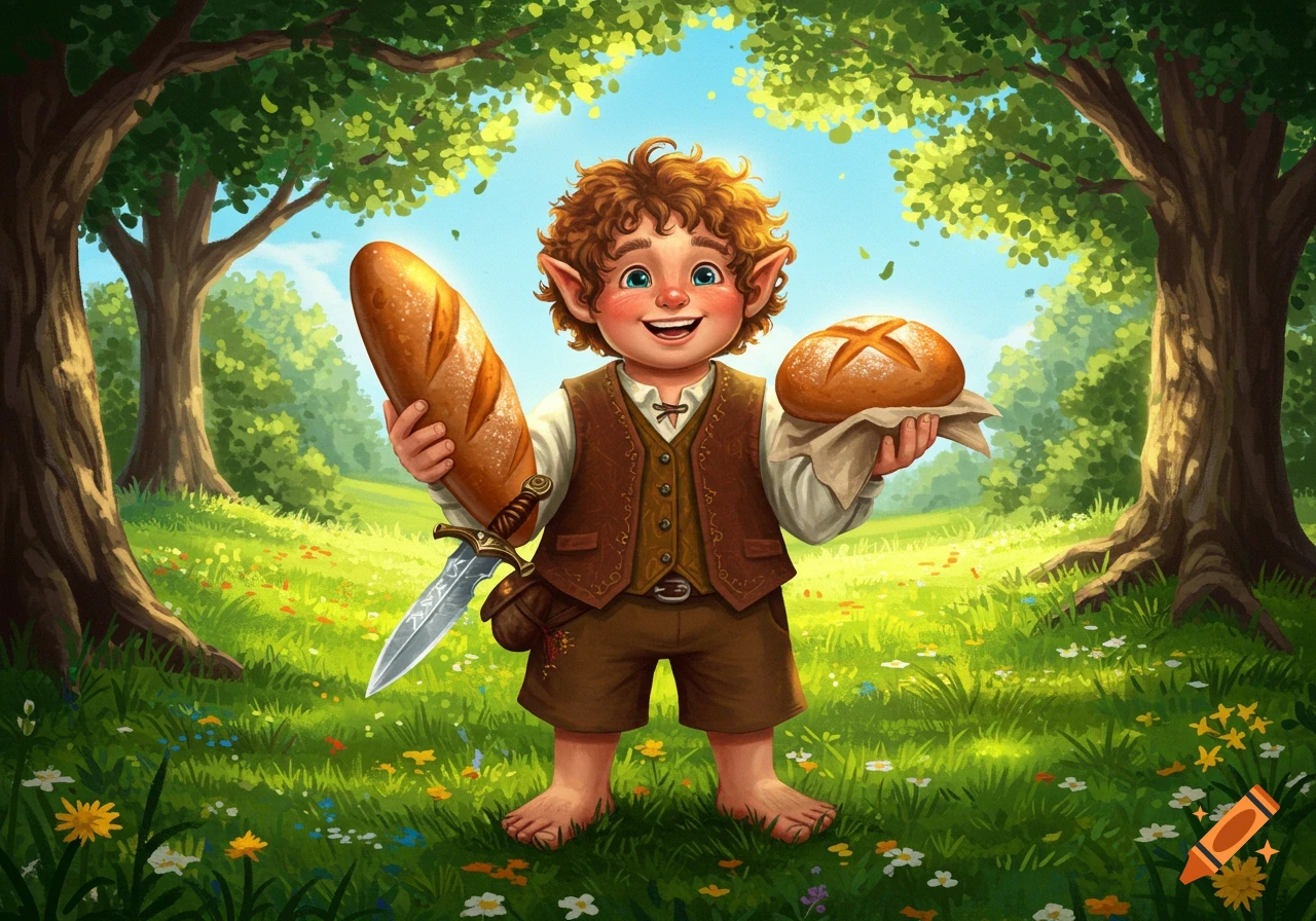 A smiling, curly-haired hobbit-like character with pointed ears stands barefoot in a sunny green meadow, holding a long baguette and a round loaf of bread with a dagger by their side.