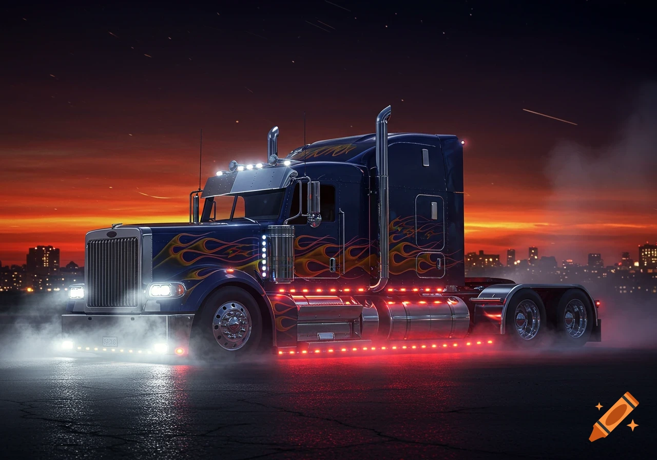 A custom blue semi-truck with flame decals and red underglow lights sits on a wet road at dusk with a city skyline.