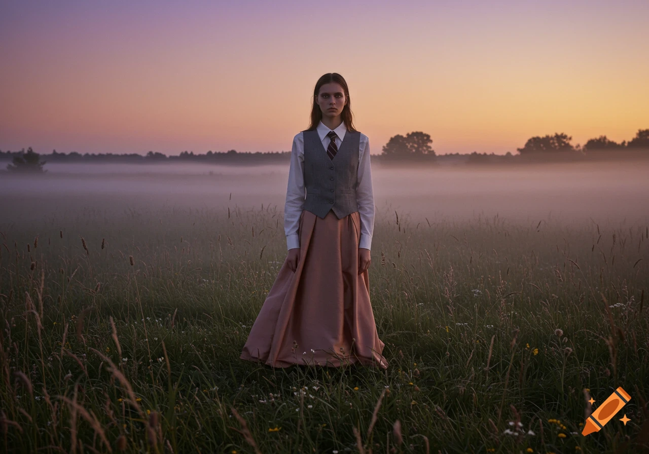 A young woman in a gray vest and pink skirt stands in a misty field at sunset.