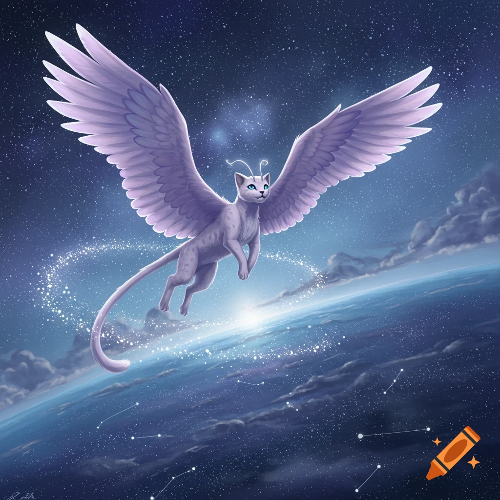 A majestic white winged cat with blue eyes flies over an Earth-like planet, surrounded by sparkling stars in a dark blue cosmic sky.