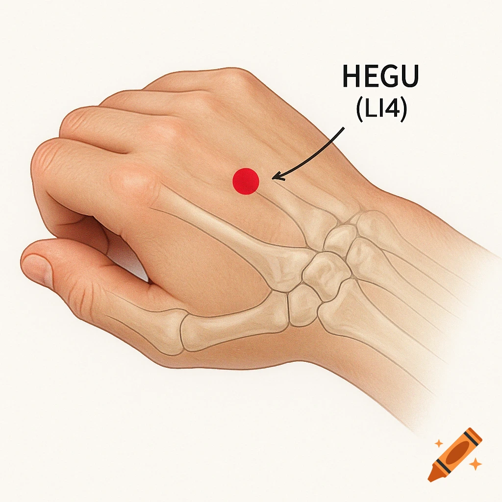 Medical illustration of the back of a hand with a red dot and text label "HEGU (LI4)" pointing to an acupuncture point.