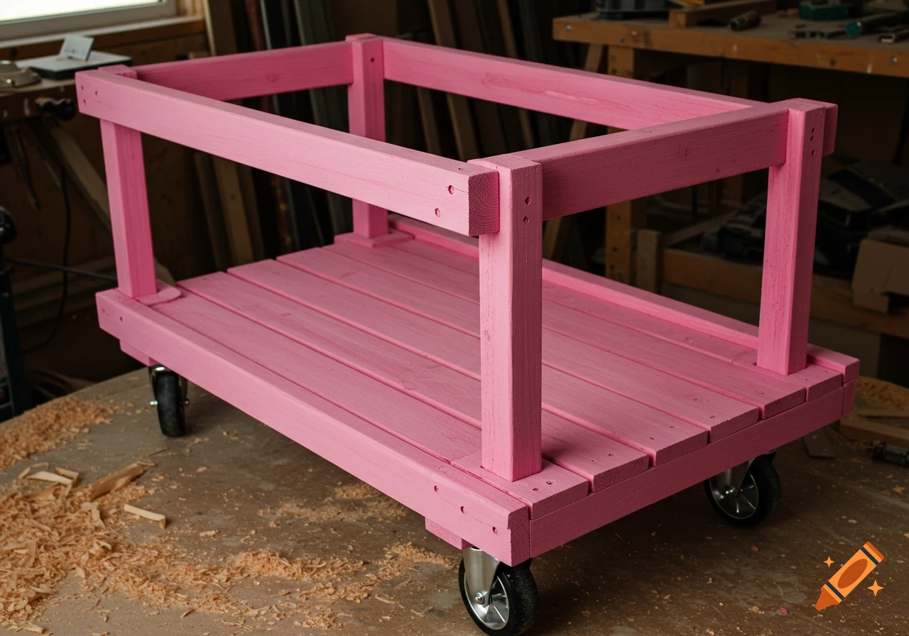 A pink wooden utility cart with wheels on a wood chip-covered floor in a workshop.