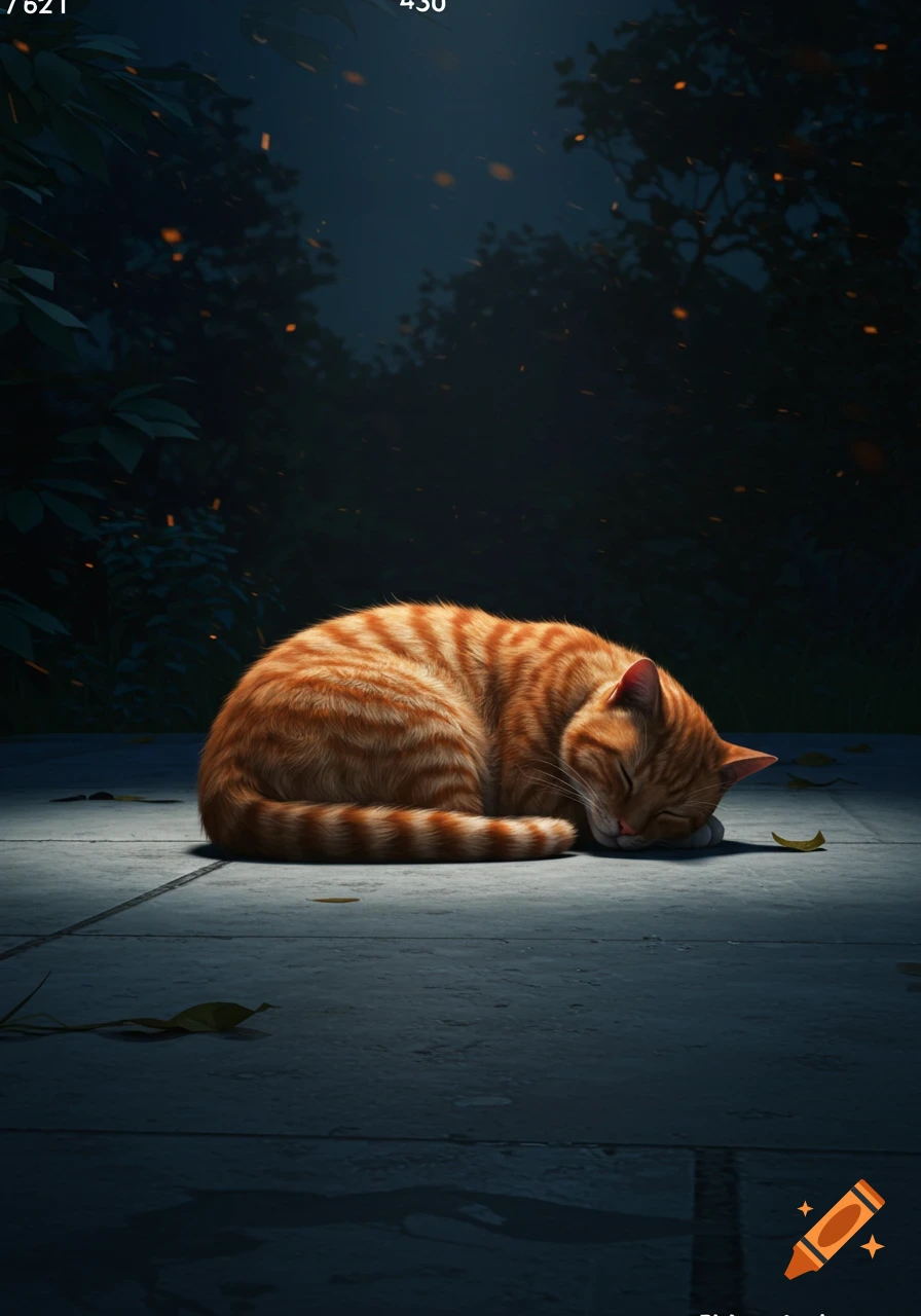 A realistic orange tabby cat sleeps curled up on a concrete patio at night, illuminated by a spotlight.