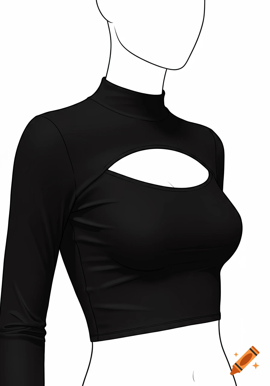 Stylized digital illustration of a female mannequin torso in a black, long-sleeved crop top with a chest cutout.