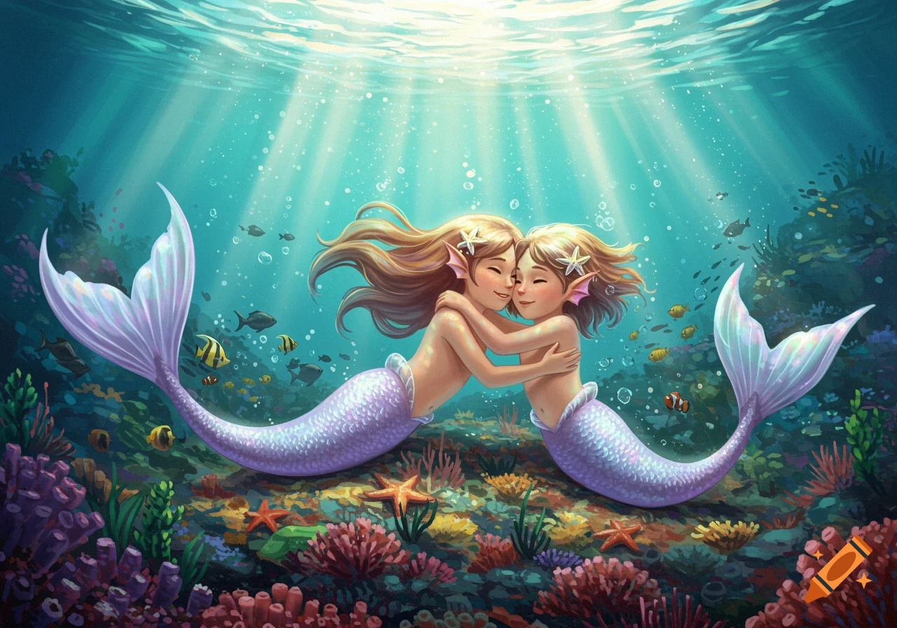 Two young mermaids embrace underwater, surrounded by colorful coral, fish, and sunlit water in a stylized illustration.