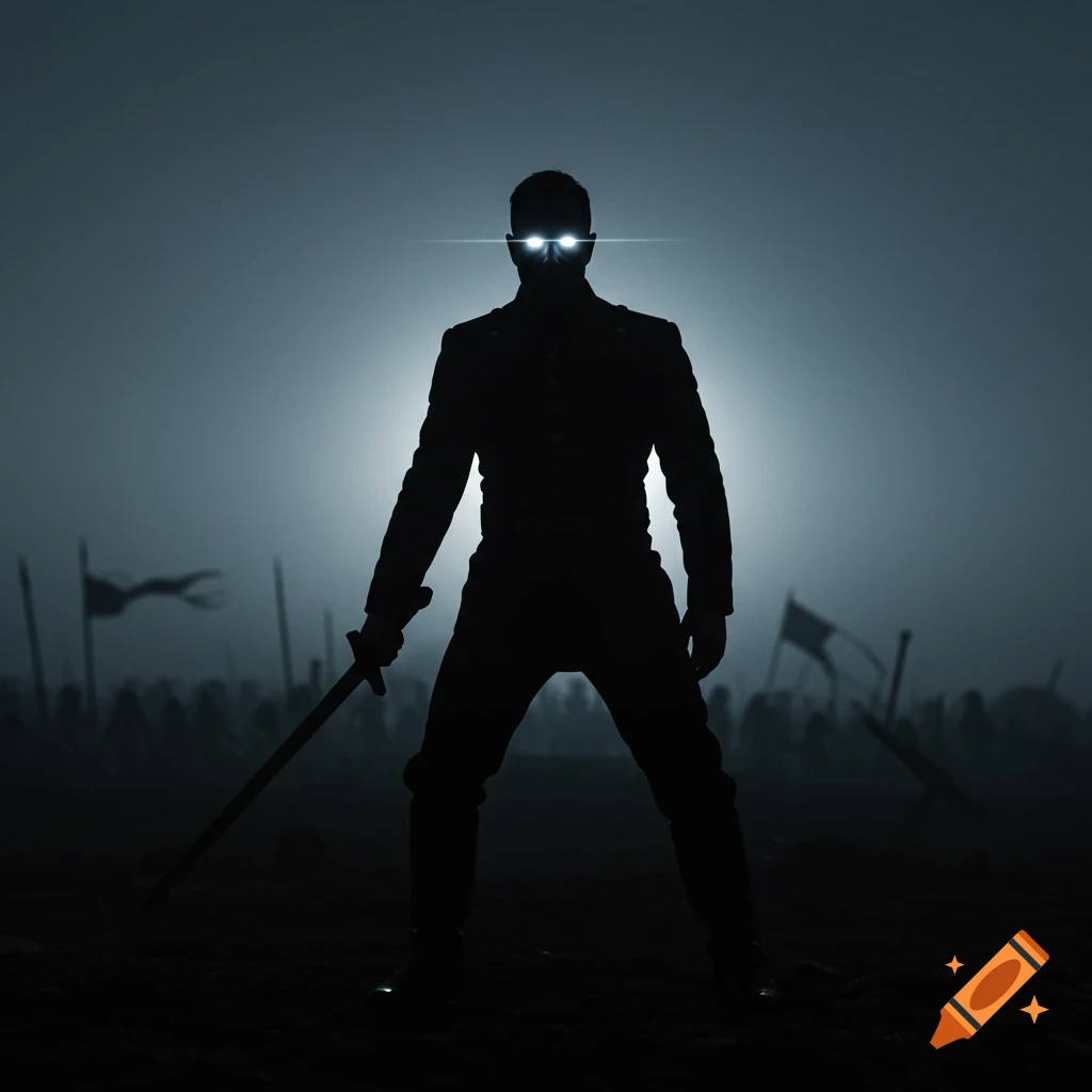 A dark silhouette of a person with glowing eyes holding a sword on a misty battlefield with flags.