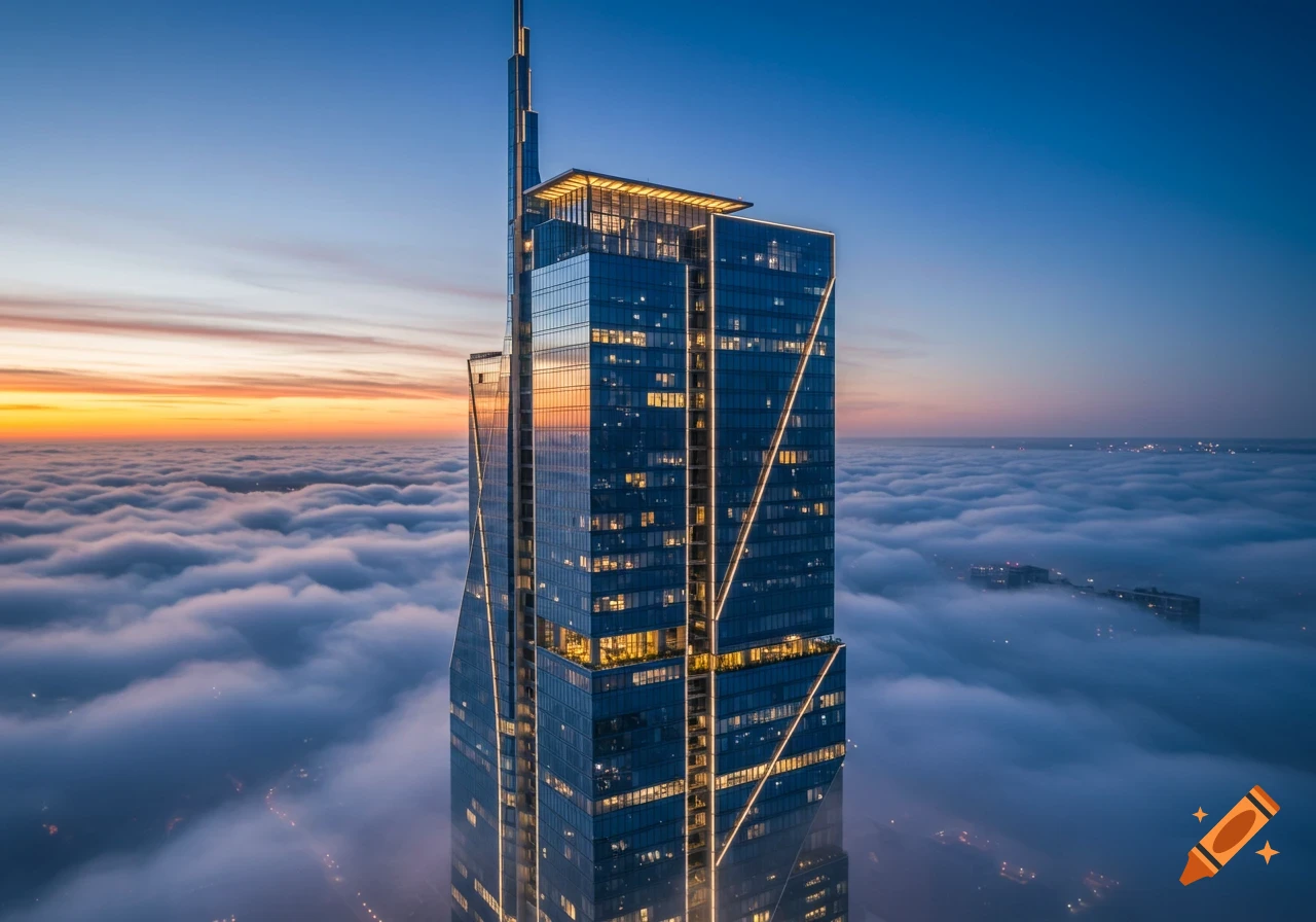 A tall, modern skyscraper rises above a sea of clouds at sunset, with city lights visible in the distance.